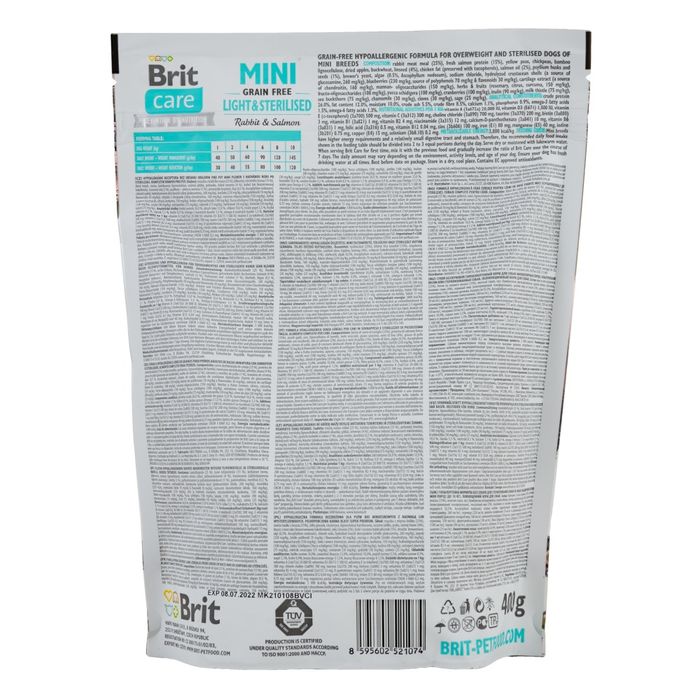 Сухий корм для собак Brit Care Grain Free Mini Light & Sterilised 400 г - кролик і лосось - masterzoo.ua