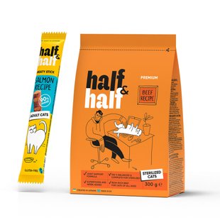 Сухий корм для котів Half&Half Sterilized 300 г - яловичина + Ласощі - лосось - masterzoo.ua