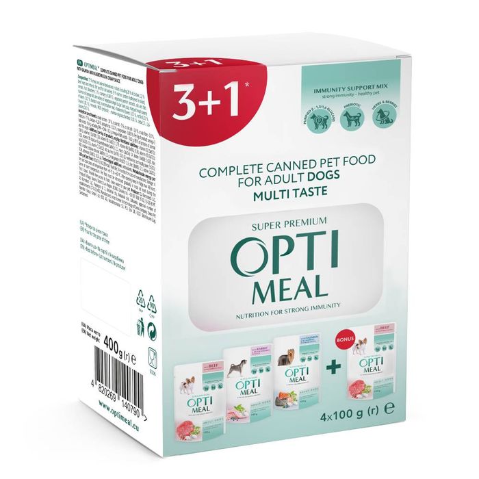 Вологий корм для собак Optimeal Complete Canned Pet Food Adult 3+1 pouch 400 г - асорті - masterzoo.ua