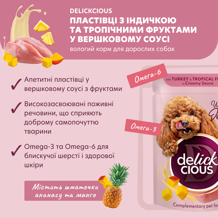 Вологий корм для собак Delickcious 85 г - індичка та тропічні фрукти - masterzoo.ua