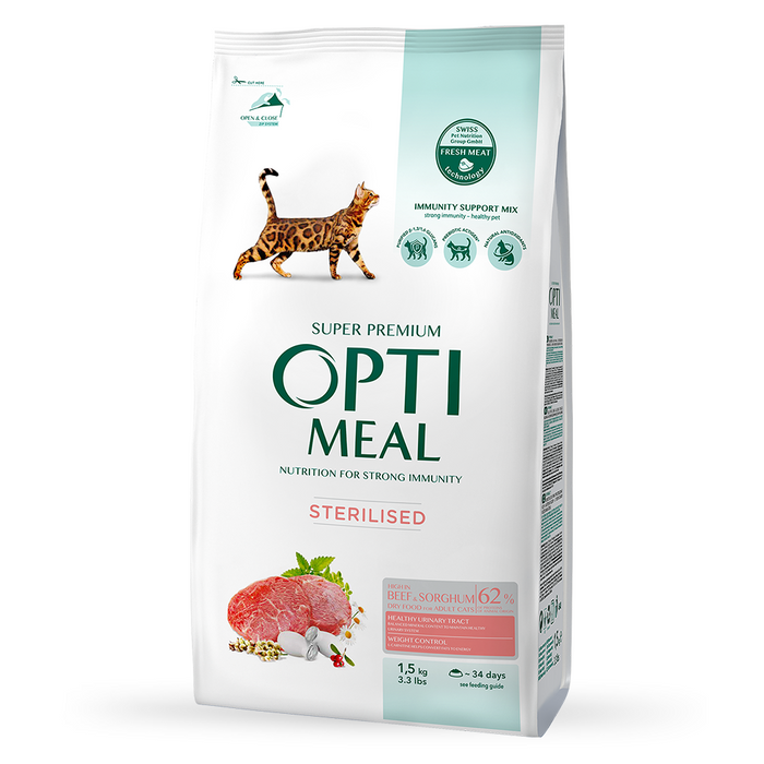 Сухий корм для стерилізованих котів Optimeal Adult Cat Sterilised Beef Sorghum 1,5 кг - яловичина та сорго - masterzoo.ua