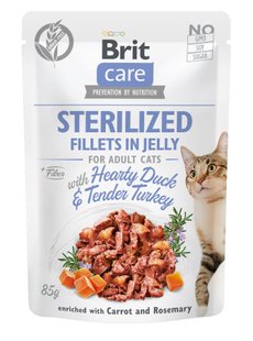 Вологий корм для кастрованих котів Brit Care Adult Sterilised Hearty Duck & Tender Turkey 85 г (качка і індичка в желе) - masterzoo.ua