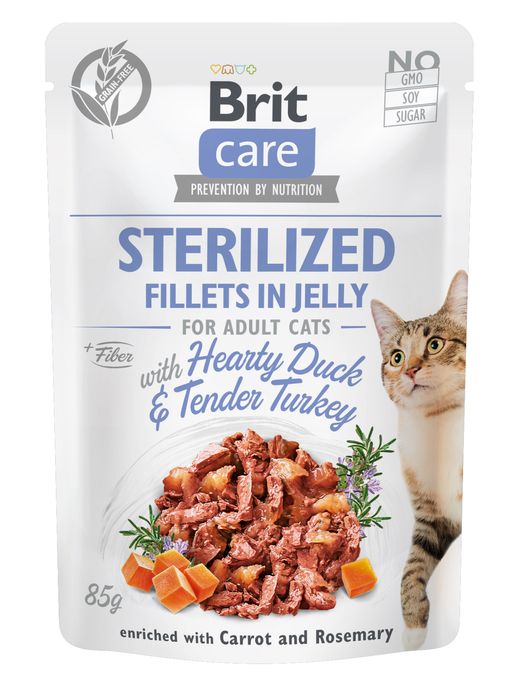 Вологий корм для кастрованих котів Brit Care Adult Sterilised Hearty Duck & Tender Turkey 85 г (качка і індичка в желе) - masterzoo.ua